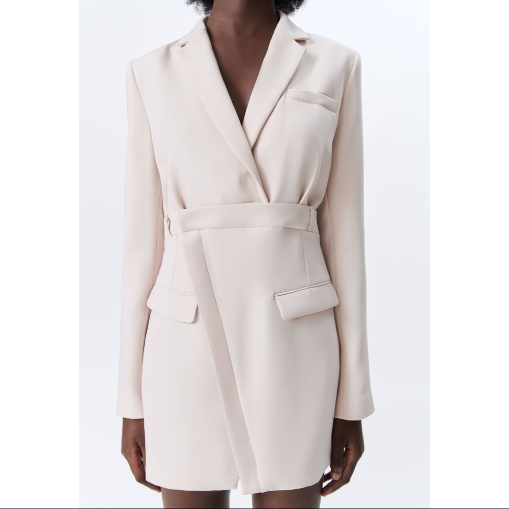 ZARA Blogger Fav Long Sleeve Structured Mini Blazer Dress Pastel Yellow Cream - Picture 7 of 16